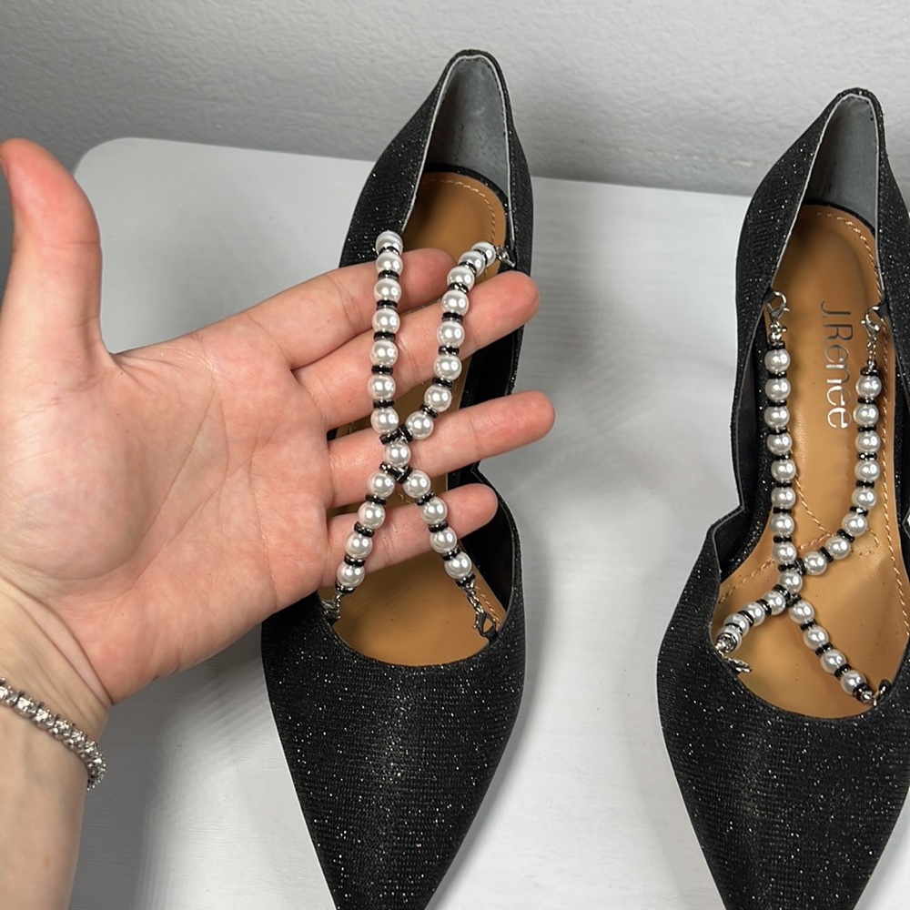 J. Renee black heels with removable pearl and black bead front cross straps 8M - Picture 3 of 16